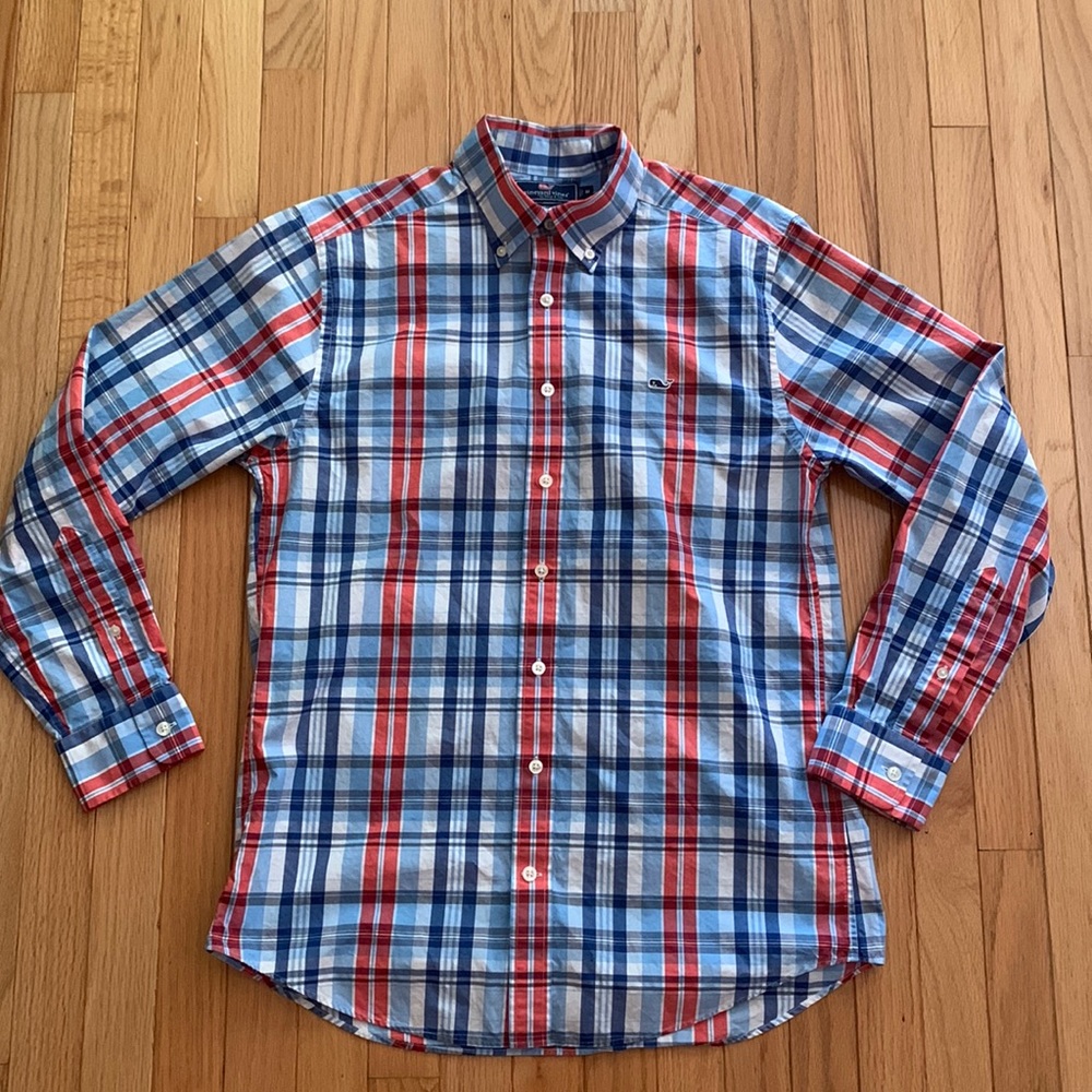 Vineyard Vines Red Slim Fit Whale Shirt, Red White Blue, M